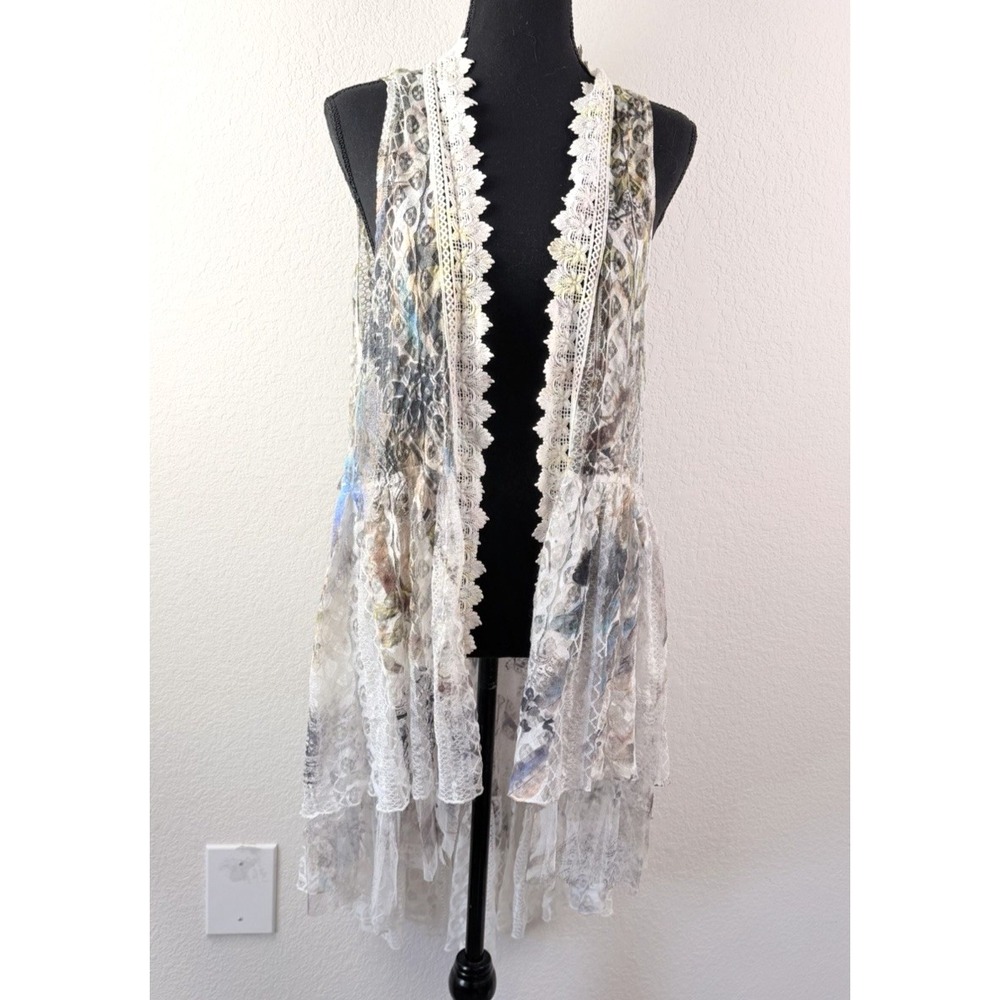 Origami by Vivien Lace Duster Vest Sz L Sheer Floral Boho Fairycore Romantic